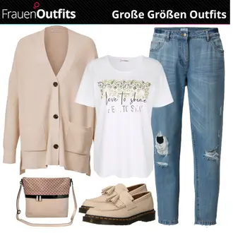 Outfit mit Beige Rahmengenähter Schuh/Halbschuh Trotteur/Loafer Schuh/Plateau Halbschuh Dr. Martens "Schöne Große Größen Outfits"