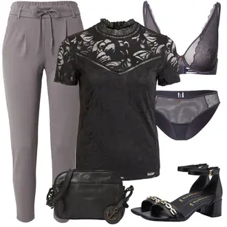 Outfit sa Crna/Siva/Tamnosiva Crash bluza/Dječja igračka/Bluza Kratkih Rukava/Tunika od čipke/Čipkasta Bluza Vila "Poslovni look"