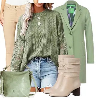 Outfit mit Hellgrün/Grün Midi Mantel/Wintermantel Wollmantel/Schmal Geschnittener Mantel/Blazermantel/Wollmantel/Kaschmir Mantel/Lodenmantel Street One "Trendiges Herbst Outfit"