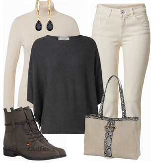 Outfit mit Schwarz/Grau/Dunkelgrau Strick Große/Klassische Tunika/Bluse Lederjacke/Oversize Bluse/Tuniken-Shirt/Shirt & Top Große Größe/Tunika/Pullover Mit Fledermausärmel/Kaschmir Pullover JdY "Herbst Outfit für den Alltag"