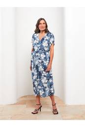 Women's V-Neck Floral Short Sleeve Poplin Dress
