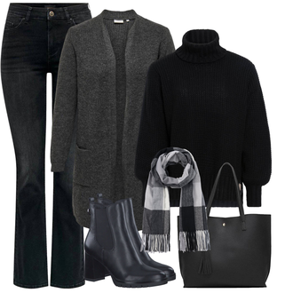 Outfit met zwart Opstaande kraag cardigan/Winter vest/Gebreide Poncho/Wollen vest/Cardigan met ronde hals/Kasjmier cardigan Knit Factory "Outfit voor de winter"