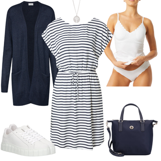 Gestreift Outfit mit Kleid Knielang/Sommerkleid Glücksstern "Kontrast Alltagsoutfit"