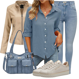 Übergang Outfit mit Beige Lederjacke/Jacke YYNUDA "Modischer Look für den Herbst"