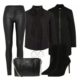 Party Outfits mit Schwarz/Weiß Lederjacke/Lederimitathose/Lederlegging/Leggings Lederoptik/Lederhose/Skinny Hose/Treggings/Biker Jeans/Thermojeans Vila "Modeherz"