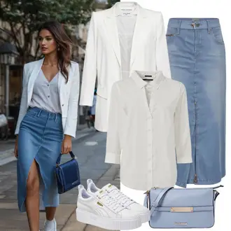 Kombinacije od trapera sa Bijela/Siva/Krem Kaput Mango, Bijela/Krem Tunika SHEEGO, Bijela Niska Tenisica/Tanka tenisica/Tenisica s platformom/Rupičasta tenisica Puma "Slobodno vrijeme Outfit"