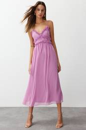 Fuchsia Floral Print A-Cut Ruffle Detailed Lined Chiffon Maxi Woven Dress