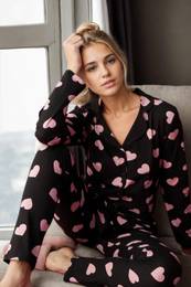 43103 Buttoned Women Pyjama Set-BLACK