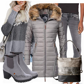 Steppung Outfit mit Grau/Beige/Braun/Lila/Hellgrau Leichter Mantel/Langer Daunenmantel/Steppmantel/Mantel mit Fellkragen/Wintermantel/Daunenmantel MARIKOO "Marikoo Winterjacke"