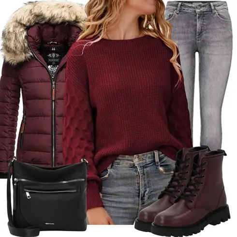 Dunkelrot/Bordeaux/Lila/Rot Gefütterte Stiefelette/Biker Boot/Klassischer Stiefel/SpringerStiefel/SchnürStiefelette Palado kombinieren mit Dunkelrot/Bordeaux Rundhals Pullover/Longpullover Zeagoo