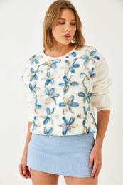 Women's Tulle Flower Detailed Three Thread Raised Sweatshirt