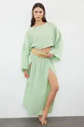 Mint Woven Slit Muslin Blouse Beach Skirt Set