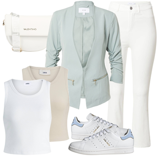 Outfit mit Creme/Weiß Hose Große Größe/Damen 7/8-Länge Jeans/Caprijeans/Cropped Jeans/Schlaghose Jeans/High Waist Jeans/Jeans-Culotte/Jeans mit Schlitz/Hose mit Schlitz/Bootcut Pant/Ausgestellte Hose/Schlaghose/High Waist Hose/3/4 Hose/Caprihose Vila "Schönes Frühlingsoutfit"