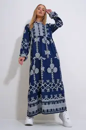Trend Alaat Stili Women's Navy Blue Collar Front Buttoned Patterned Woven Viscose Hijab Dress