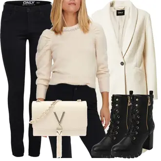 Outfit Inspo Schule mit Schwarz Lederjacke/Biker Jeans/High Waist Jeans/Jeans mit Schlitz/Push up Jeans/Slim Fit Jeans/Leder Schuhe/Thermojeans/Winterjacke Only "Elegantes Outfit Inspo"Look: Wasen, Konzert, Schule