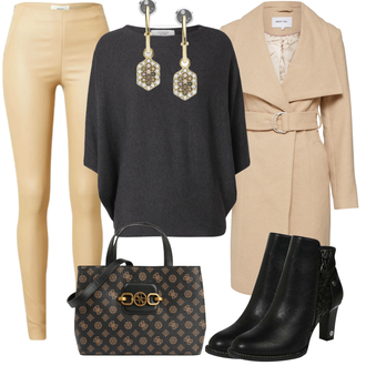 Outfit mit Schwarz/Grau/Dunkelgrau Strick Große/Klassische Tunika/Bluse Lederjacke/Oversize Bluse/Tuniken-Shirt/Shirt & Top Große Größe/Tunika/Pullover Mit Fledermausärmel/Kaschmir Pullover JdY "Stylischer Bürolook"