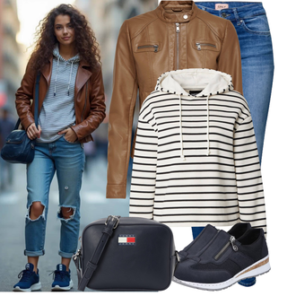Visoki Struk Outfit sa Svjetloplava/Plava Kožna Jakna/Slip-on Traperice/Traperice s Prorezom/Kožne Cipele/Traperica Niskog Struka/Traperica Niskog Struka/Traperice Slim Kroja/Push-up Traperice Only "Outfit za svaki dan"