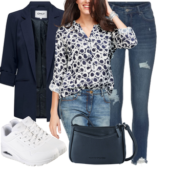 Button Down Cropped Outfit mit Lila/Dunkelblau/Blau Crash­Bluse/Bluse Oberteil/Gemusterte Bluse/DruckBluse Aniston CASUAL "Stilvoller Look für die Freizeit"