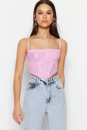 Pink Crop Lined Corset Detailed Knitted Lace Bustier
