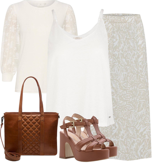 Outfit met Crème/beige/wit/rood/bruin Blouse Met Elleboogstuk/Kinderspeelgoed/Kanten Tuniek/Kanten Blouse/Blouse met Pofmouw Kaffe "Modieuze zomerlook"