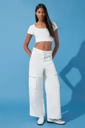 White Zipper Detailed High Waist Wide Leg Jeans