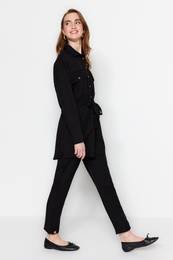 Black Belted Linen Look Shirt-Pants Suit