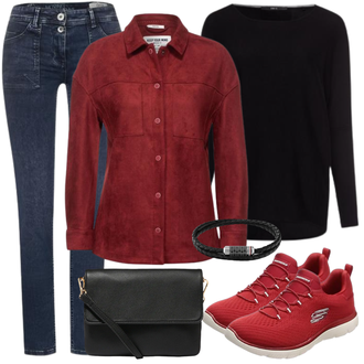 Feine Outfit mit Rot/Dunkelrot gesundheitsschuh/Bequemer Schuh/Sommer Sneaker/Walkingschuh/Winter Sneaker Skechers "Stylische Kombination Für Den Frühling"Look: Uni, Feine, Outdoor, Skater, Sportlich