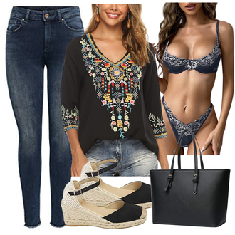 Outfit mit Schwarz/Braun/Mischfarben/Blau/Grau/Beige Bluse Oberteil/3/4 Bluse/Bestickte Bluse/Boho-Bluse Seasonal "Outfit Für Den Sommer"