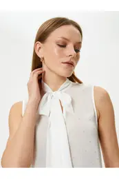 Scarf Collar Blouse Window Detailed Sleeveless Stone Printed