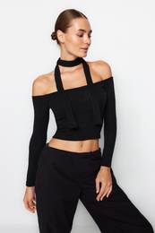 Black Ribbed Carmen Collar Shawl Detail Fitted/Situated Crop Stretch Knitted Blouse