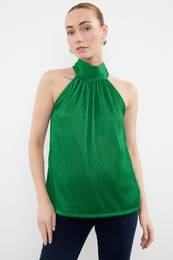 Green High Collar Regular/Normal Pattern Pleated Knitted Blouse