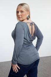 Curve Anthracite Boat Neck Lace Back Knitted Plus Size Blouse