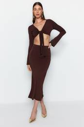 Dark Brown Tie Detailed Super Crop and Midi Knitted Blouse and Skirt Top-Bottom Set