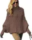 Mikos*Eleganter Damen Poncho Rollkragenpullover Damen Pullover Strickponcho Cape Zopfstickmuster Warm Herbst Pullover (641) (Braun)