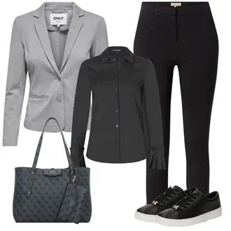 Eleganten, Priložnostne outfit mit Temno modra/Siva/Temno siva/Modra Nakupovalna torba/Poslovna torba/Vrečka za prenašanje/Torba za čez ramo/Pisarniška torba/Torba za čez ramo/Nakupovalka Guess "Popoln pomladni videz"Look: Burleska, Eleganten, Kul, Mom, Lepo, Pisarna, Premij