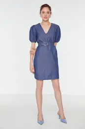 Navy Blue Belted Balloon Sleeve obleka