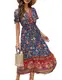 Clearlove Damen Sommerkleid Boho Kurzarm Midi Kleider V-Ausschnitt Strandkleid lang Blumenkleid Rüschen Freizeitkleid mit Knöpfen (Verpackung MEHRWEG), Blumen-Dunkelblau, M