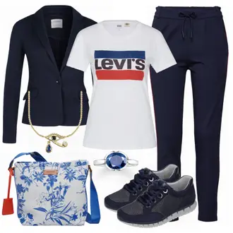 Outfit mit DunkelBlau/HellBlau/Blau Lederjacke/Blazerjacke/Blusenblazer/Boyfriend Blazer/Lässiger Blazer/Baumwoll ­Blazer/Eleganter Blazer/Strick­blazer/Kurzblazer/Sweatblazer/Lederjacke für Männer/Lederjacke VERO MODA "Gabor"