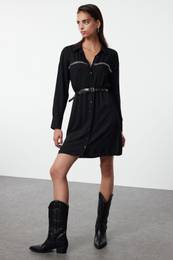 Black Belted Troc Detailed Mini Woven Shirt Dress