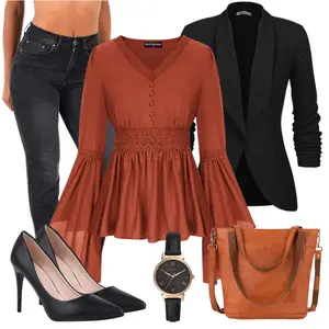 Outfit mit Rot/Orange/Braun Bluse Oberteil/Bluse mit Puffärmel/Boho-Bluse/Verspielte Bluse/Blusenbody/Außergewöhnliche Bluse/Schößchen­bluse/ausgefallene tunika SCARLET DARKNESS "Stylischer Bürolook"