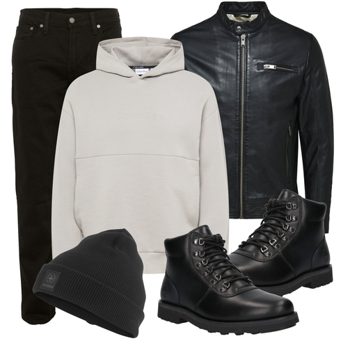 Schwarz LederJacke SELECTED HOMME kombinieren