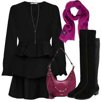 Elegant Outfit mit Schwarz Flache Overknee Stiefel/Overknee Stiefel/Spitzer Stiefel/Langer Stiefel/Kniehoher Stiefel/Weitschaftstiefel About You "Winterliches Abend Outfit"Look: Uni, Cowgirl, Elegant, Premium, Western