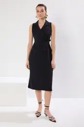 Black A-Line Jacket Collar Midi Woven Dress
