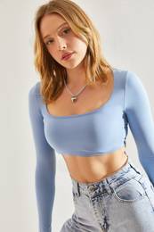 Women's Long Sleeve Square Collar Crop Blouse