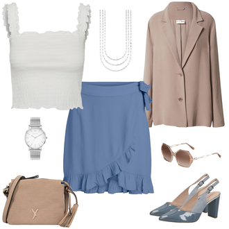 Hochzeitsgast Outfit mit Grau/HellBlau/Blau Short Große Größe/Bluse und Tunika/Kleid Große Größe/Italienischer Rock/Lagenlook Rock/Standesamt Rock/Rock Zum Binden/Wickelrock Vila "Verspielter Businesslook"