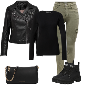 Eleganten, Priložnostne outfit mit Črna/Roza/Bela Baguette torba/Pisemska torbica/Torbica za čez ramo/Torba za čez ramo/Billfold/Mini torbica/Satchel torba MICHAEL Michael Kors "Pomladna oprava"Look: Eleganten, Plemenita, Kul, Ekstravaganten, Pisarna, Stari denar