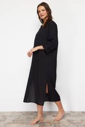 Black Wide Pattern Woven 100% Cotton Midi Beach Dress