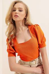 0409 Square Neck Knitted Blouse - Orange