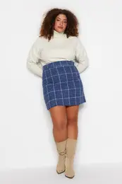 Curve Blue Plaid Patterned Skirt