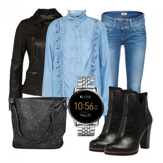 Outfit mit Schwarz/Dunkelbraun/Khaki/Dunkelgrün/Braun Bikerjacke/KunstLederjacke/Lederjacke/Motorradjacke/Vintage Lederjacke Oakwood "DoubleDenimLook"
